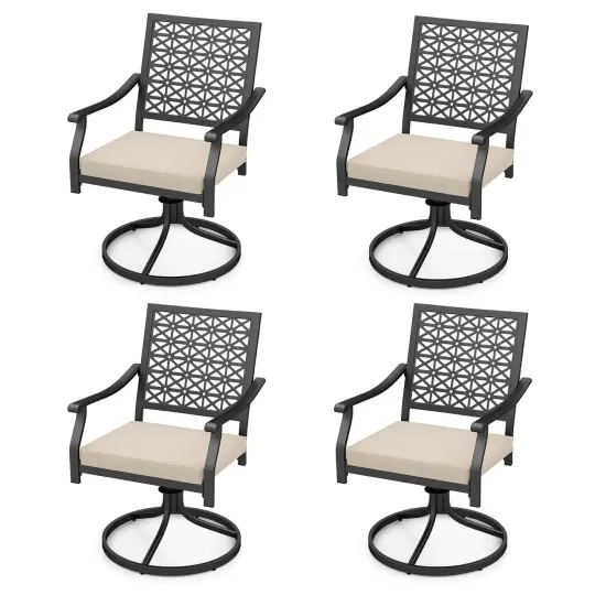Costway 4 PCS Outdoor Swivel Chairs Patio Dining Chairs with Padded Cushions High Back Beige/Navy {7}