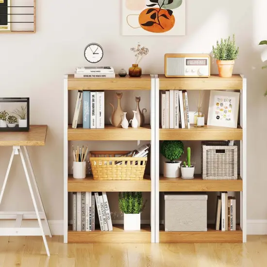 Costway 1/2 PCS 4 Tier Bookshelf Wooden Bookcase with Dual Anti-Tipping Kits Open Shelving Unit Natural/Brown {4}