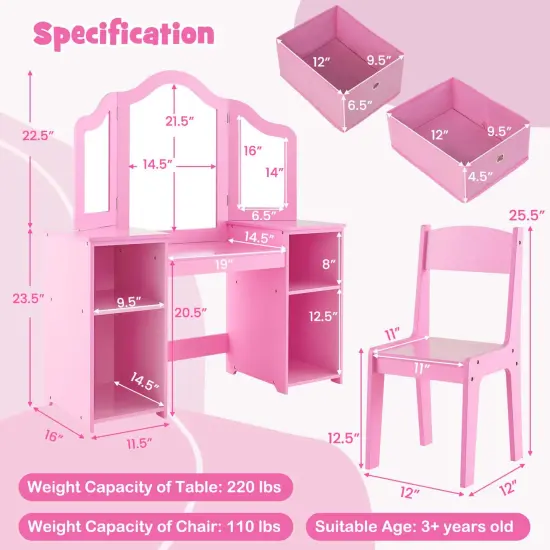 Costway Kids Vanity Table & Chair Set 2-in-1 Princess Pretend Play Makeup Vanity Set Pink/White {3}