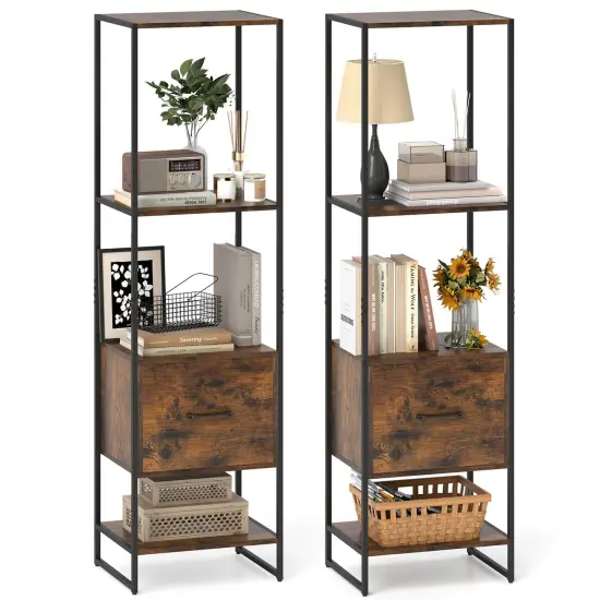 Costway 5-Tier Bookshelf with 4 Open Shelves Storage Drawer Modern Book Storage Organizer Brown/White {9}