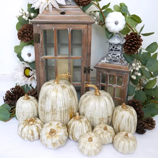 10 Pcs Assorted Fall Artificial Pumpkins - Gold & White {2}