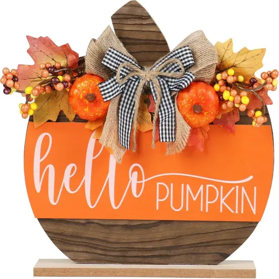 Wooden Autumn Hello Pumpkin Sign Table Top Decor {1}