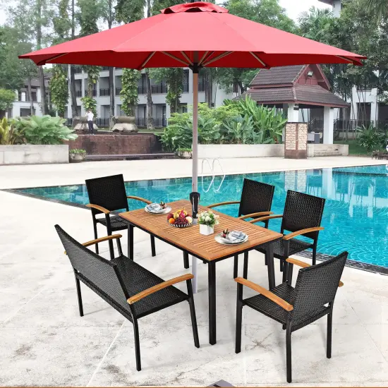 Costway 55'' Patio Rattan Dining Table Acacia Wood Table Top Umbrella Hole {3}