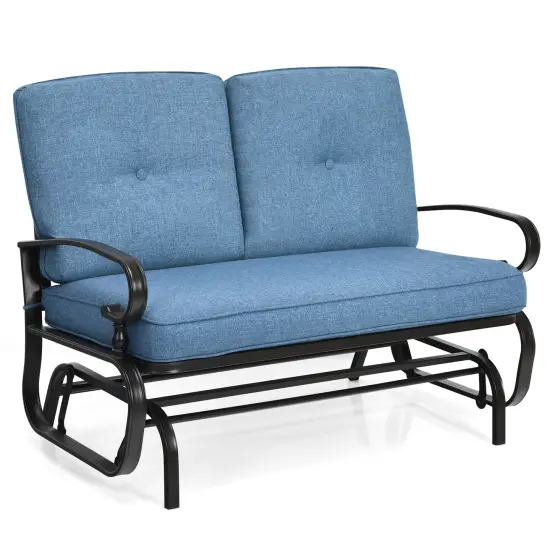 Costway Glider Outdoor Patio Rocking Bench Loveseat Cushioned Seat Steel Frame Blue {1}