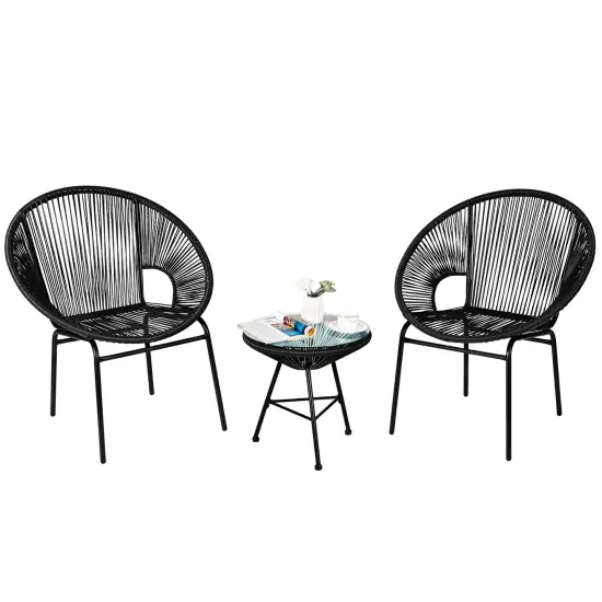 Costway 3PCS Patio Acapulco Furniture Bistro Set Plastic Rope Glass Table Black/Gray/Turquoise/White {7}
