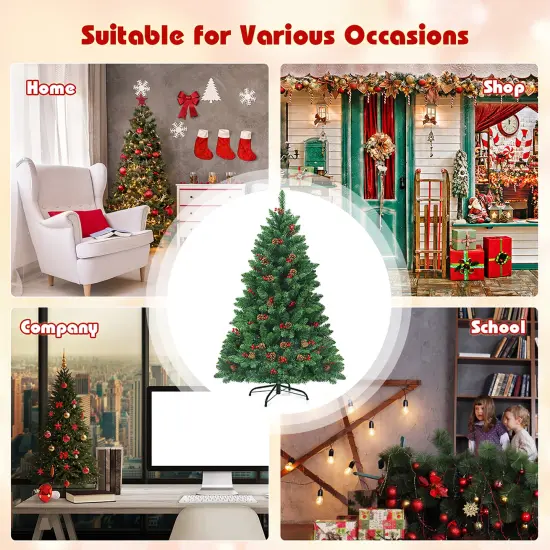 Costway 4.5Ft Pre-lit Hinged Christmas Tree w/ Pine Cones Red Berries and 300 LED Lights {6}
