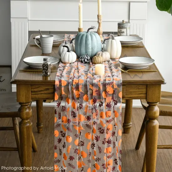 Orange Brown Pumpkins Fall Leaves Gauze Table Runner 120 Inch 10FT {5}