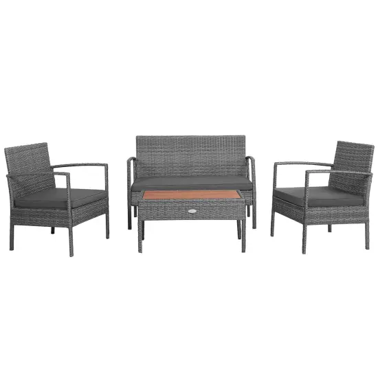 Costway 4PCS Patio Rattan Furniture Set Cushioned Chair Wooden Tabletop Gray {2}