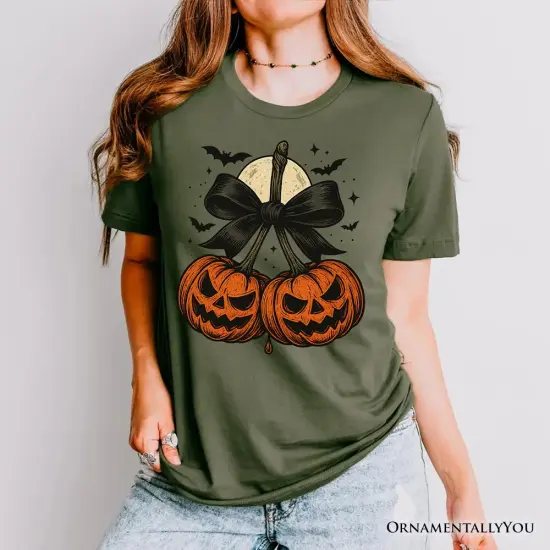 Pumpkin Cherries Coquette Bow T-Shirt, Retro Halloween Fall Season Tee for Sweet Autumn Girls {5}