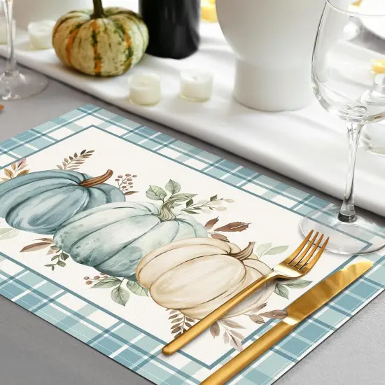 Set of 4 Blue Plaid Pumpkin Placemats - 12x18 Inch {3}