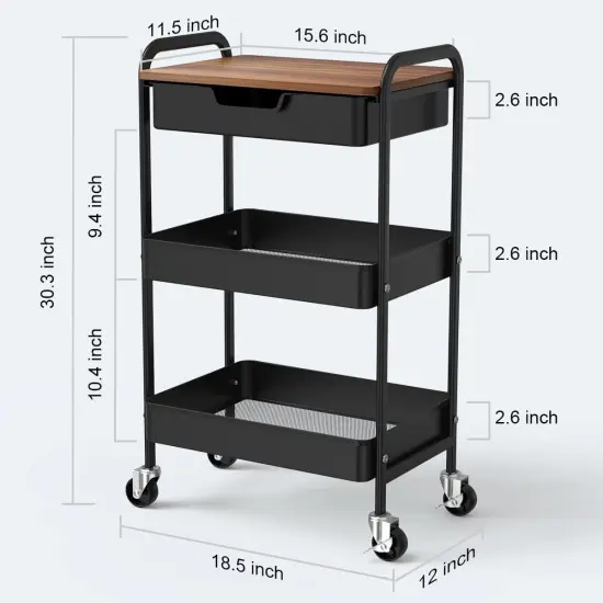 3 Tier Rolling Cart with Drawer, Metal Utility Cart on Wheels Storage Cart {3}