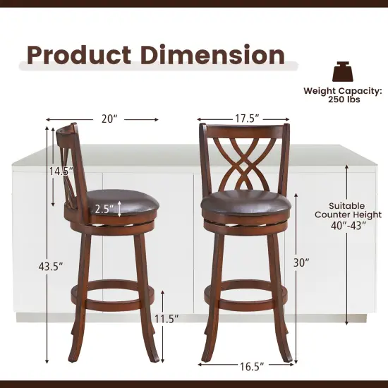 Costway Set of 2 Swivel Bar Stools Bar Height Dining Pub Chairs withRubber Wood Legs {3}