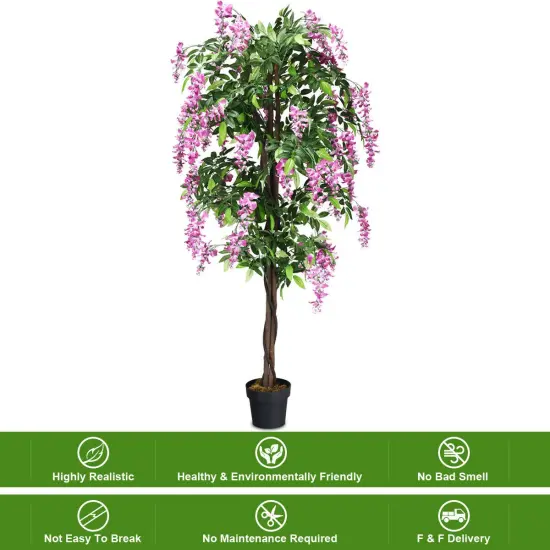 Costway 2 PCS 6 FT Artificial Wisteria Silk Tree Pink Flower Indoor-Patio Home {6}
