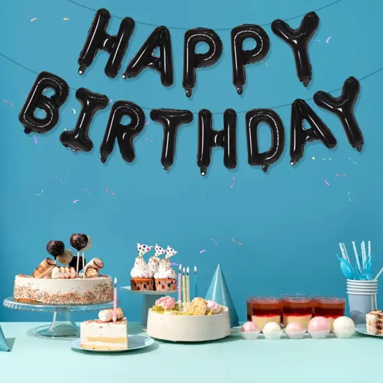 Black Happy Birthday Balloons Banner - Black {5}