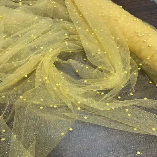 1 Yard Glitter Mesh Fabric with Scattered Pearls 2-Way Stretch 60" Wide Soft Tulle for Gowns, Veils & Couture Projects Yellow {1}