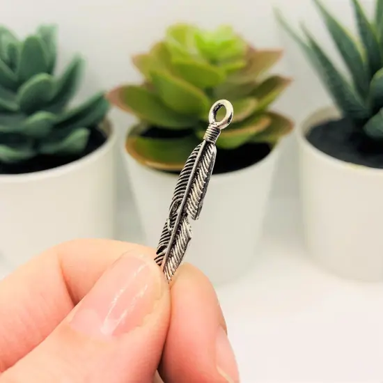 Silver Feather Connector Charms, 37x7mm {4}