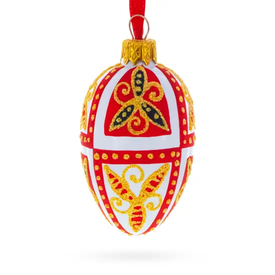 Red & Gold on White Floral Design Mini Glass Egg Ornament 2.9 Inches {1}