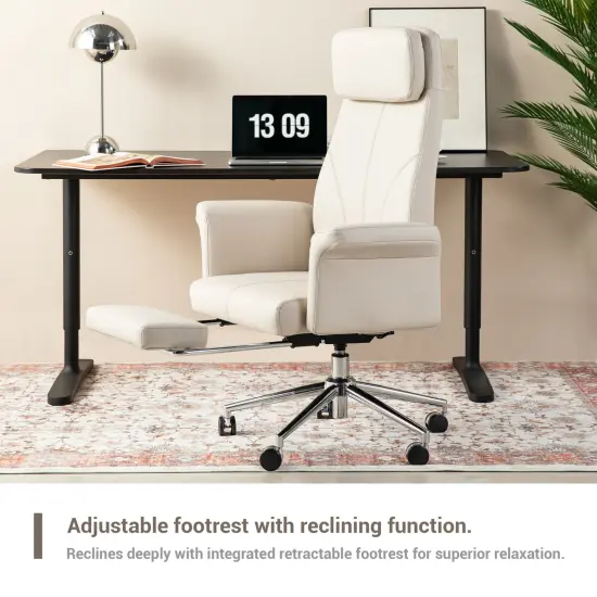 Modern Deluxe Faux Leather Gaslift Adjustable Swivel High Back Office Chair with Footrest and Armrest Ivory {3}