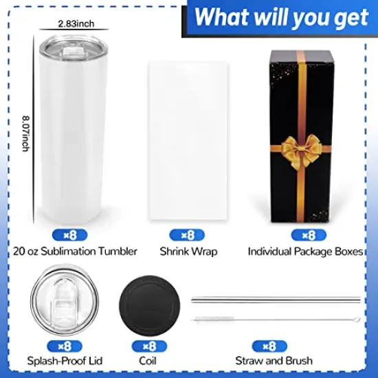 8 Pieces Sublimation Tumblers Blank 20 oz Straight Skinny Bulk for Heat transfer, Double Wall Insulated Tumbler with Lids, Straw, Rubber Bottoms, Individually Gift Boxed and Shrink Wrap Films {6}