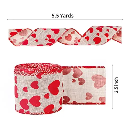 2.5" x 5.5 Yards Red Heart Printed Valentine's Day Burlap Ribbon Wired Edge Ribbon {1}