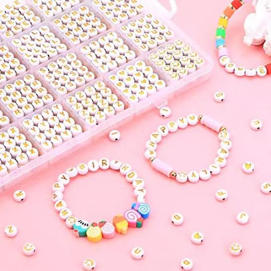 1400 pieces Round Letter Beads for Jewelry Making, 28 Style Gold A-Z Alphabet Acrylic Beads Kits Heart Beads for Bracelets Making (4 * 7mm) {4}