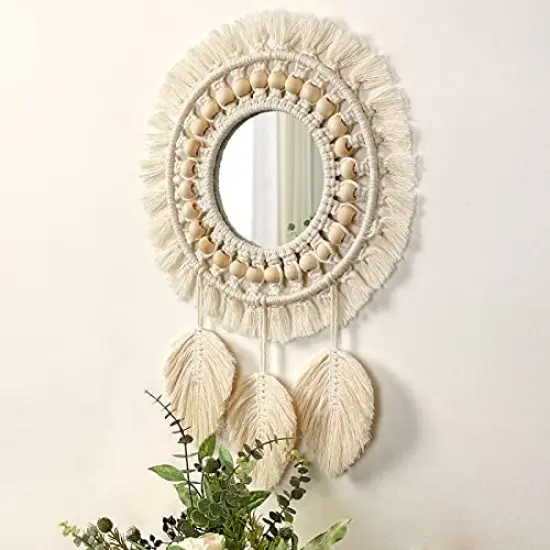 Hanging Wall Mirror-Boho Macrame Fringe Round Decorative Mirror with Wood Beads Feather Pendant，Art Ornament for Apartment Home Bedroom Living Room {1}