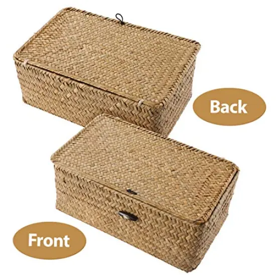 1 Basket with Lids: Seagrass Storage Woven Basket Straw Desktop Rattan 9 inch Hand- Woven Storage Basket Bins Container Organizer for Shelf Desktop Home Decor {1}