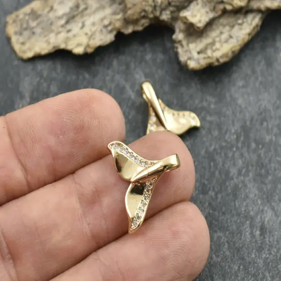 *5* 15x16mm 18k Gold Plated Micro Pave Cubic Zirconia Whale Tail Charms {3}