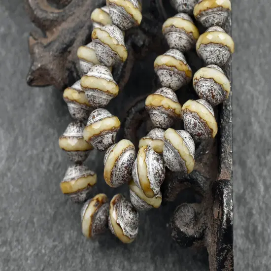 *15* 8x10mm Silver Picasso Washed Opaque Beige Saturn Beads {5}