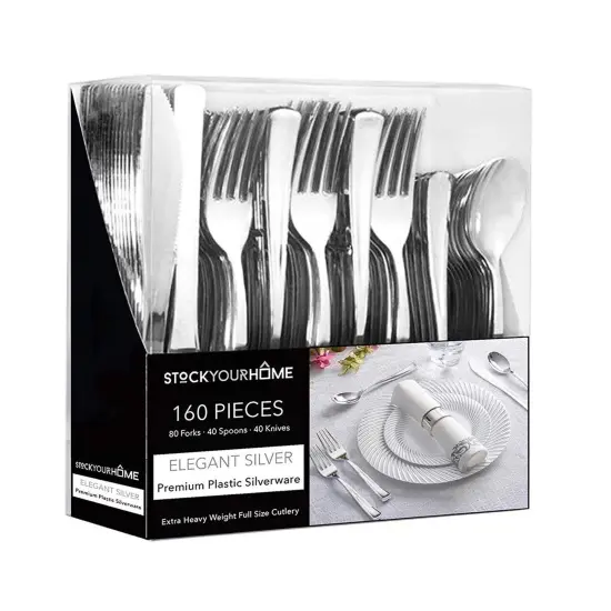 160 Pieces Silver Plastic Cutlery Disposable Silverware - 80 Forks, 40 Knives, 40 Spoons - For Catering, Parties, Dinners, Weddings, and Everyday Use {2}