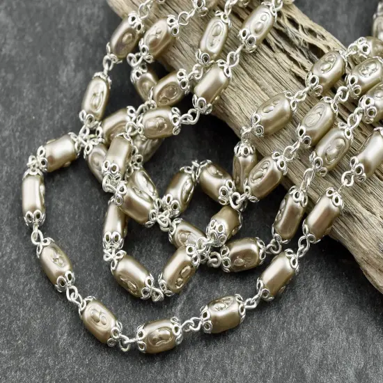 10x5mm Czech Glass Satin Taupe Pearl Chain w/ Bright Silver -- Sold by the foot {2}
