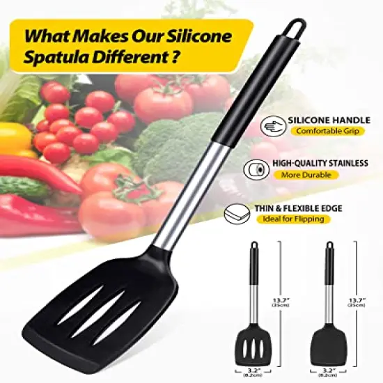 2 PCK Silicone Solid Turner,Non Stick Slotted Kitchen Spatulas,High Heat Resistant BPA Free Cooking Utensils,Ideal Cookware for Fish,Eggs,Pancakes (Black) {1}