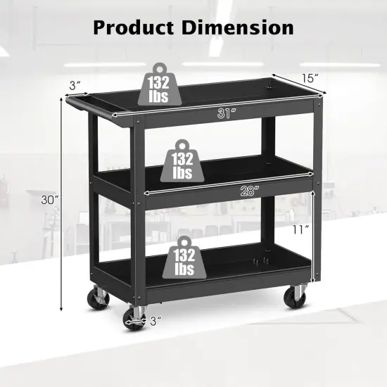 Costway 3-Tier Metal Utility Cart 400 lbs Storage Service Trolley Tool Storage Black {3}