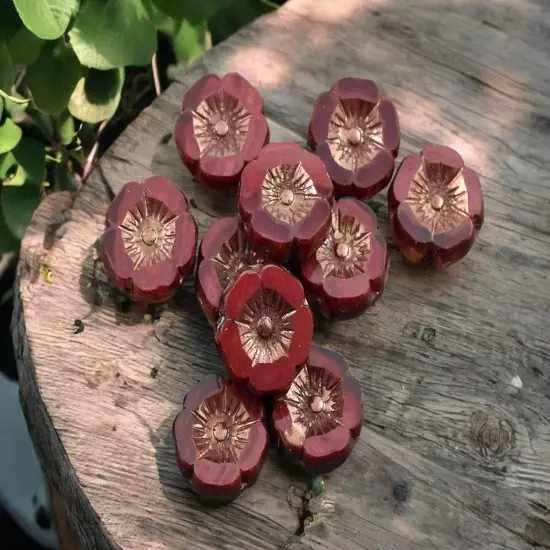 *12* 12mm Bronze Washed Red Oxide Table Cut Hawaiian Flower Beads {1}