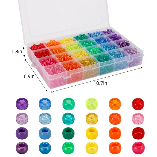 2880 Pieces Pony Beads Kit, Kandi Beads for Hair, Rainbow Beads Plastic Bead for Craft 6 x 9mm 24 Colors 4 Styles Large Hole Beads Set for Bracelets Jewelry Making {1}