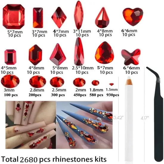 2680 Pieces 3D Red Nail Rhinestones, 120 Pieces Big Red Glass Crystal Nail Gems Stones Charms Stones with Bling Diamond Flatback Round Beads, Clear Charm Jewelry for DIY Face Craft Decoration {1}