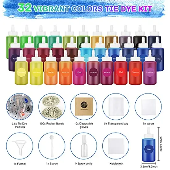 32 Color Tie Dye Kit, Fabric Dye Art Kit for Kids, Adults and Partues with Rubber Bands, Gloves, Plastic Film and Table Covers {1}