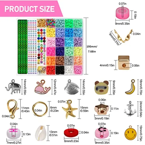 6100 Pieces Polymer Clay Beads for Bracelets Making Aesthetic Kit 24 Colors Flat Heishi Beads for Jewelry Making DIY Set with Letter Beads, Smile Face Beads and Charms for Girls Gift {2}