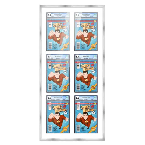 Comic Book Frame with Mat for 6 Graded Comics - Silver Wood Comic Frame With White Mat for 8.125x13 Comics - 20.75x44.5 Frame Size {1}