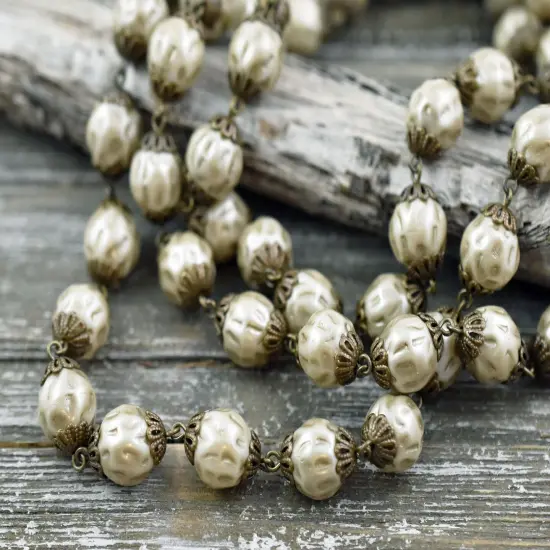 10mm Czech Glass Satin Taupe Baroque Pearl Chain with Antique Bronze Caps -- Sold by the foot {5}