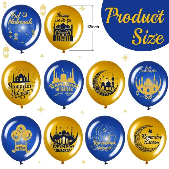 40 PCS Ramadan Mubarak Balloons Eid Mubarak Party Decoration Happy Eid al-Fitr Theme Latex Balloons Set for Home Event Indoor Outdoor Ramadan Kareem Decor Supplies, 12 Inches (Blue and Gold) {1}