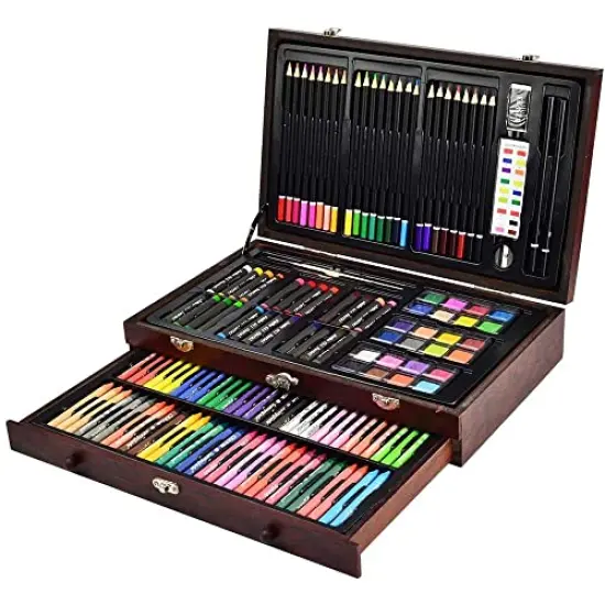 145 Piece Deluxe Art Set, Wooden Box & Drawing Kit with Crayons, Oil Pastels, Colored Pencils, Watercolor Cakes, Sketch Pencils, Paint Brush, Sharpener, Eraser, Color Chart (Cherry) {1}