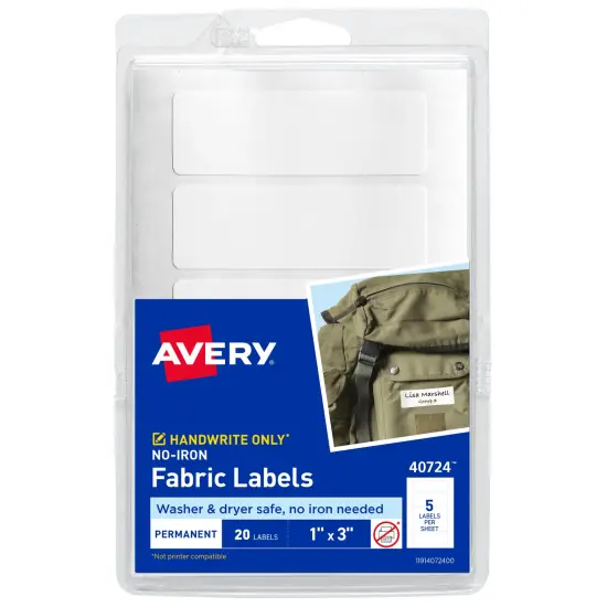 Avery No-Iron Fabric Labels, 1" x 3", Washer and Dryer-Safe Waterproof Labels, Non-Printable, 20 Blank Labels Total (40724) {1}