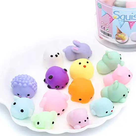 24 Pcs Squishies Squishy ToyParty Favors for Kids Mochi Squishy Toy moji Kids Mini Kawaii squishies Mochi Stress Reliever Anxiety Toys Easter Basket Stuffers fillers with Storage Box {1}
