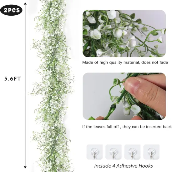 2Pcs 5.6Ft Artificial Greenery Garland (White, Hanging Garland) {2}