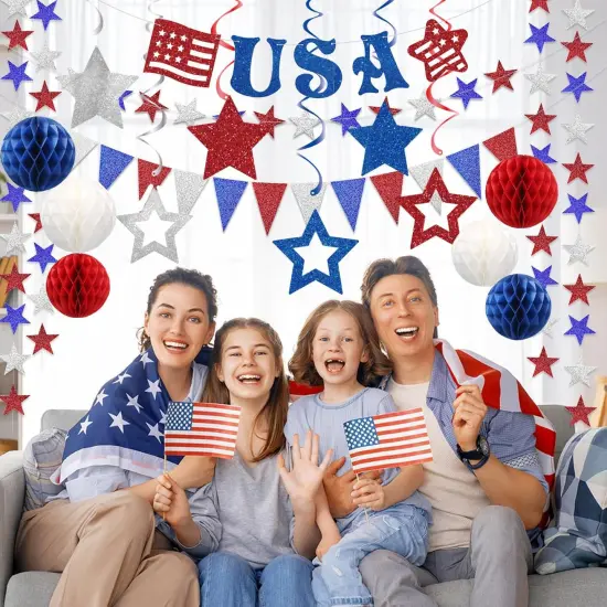 4th of July Patriotic Decorations Set,Red White Blue Honeycomb Ball,Star Hanging Swirl,star Garland {3}