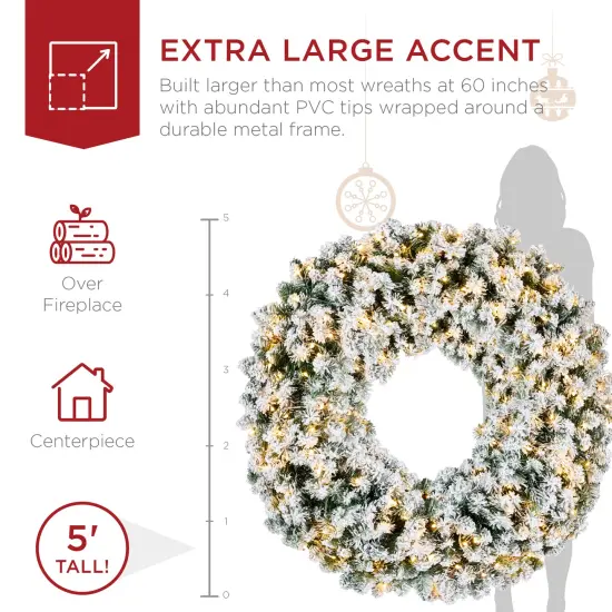 Best Choice Products Artificial Pre-Lit Flocked Fir Christmas Wreath Decoration w/ 2-in-1 LED Lights {3}