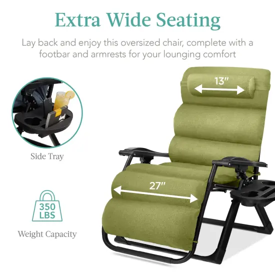 Best Choice Products Oversized Zero Gravity Chair, Folding Recliner w/ Removable Cushion, Side Tray Lime Green {4}