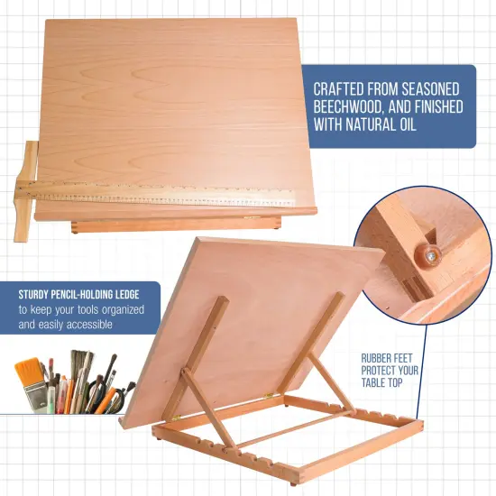 X-Large 26" x 21" Adjustable Wood Art Drawing Board - 6 Angles, Beechwood Construction, Pencil Ledge, 24" T-Square - Ideal for Design, Drafting & Architecture Work {4}