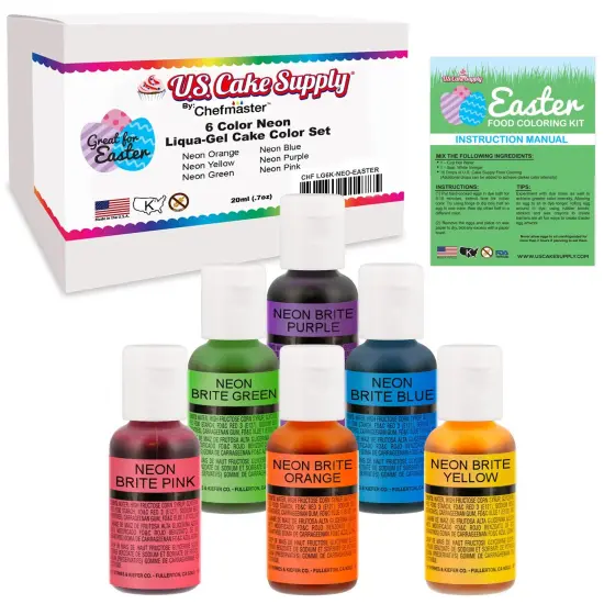 6 Color Neon Cake Food Coloring Liqua-Gel Easter Egg Decorating Baking Set - U.S. Cake Supply .75 fl. Oz. (20ml) Bottles {1}